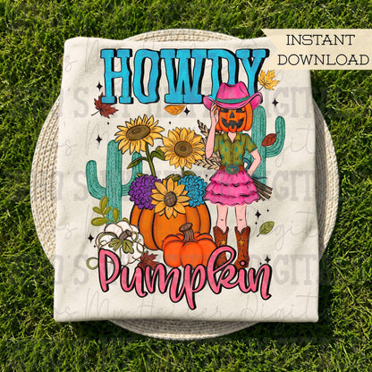 Howdy Pumpkin PNG Hand Drawn Pumpkin Cowgirl Sunflower Sublimation File Fall Leaves Doodle Art Preppy Western Autumn Theme Shirt Design DTF