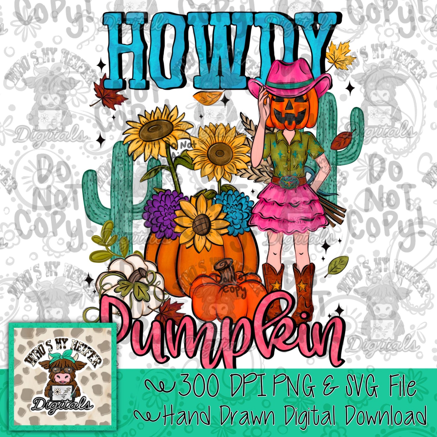 Howdy Pumpkin PNG Hand Drawn Pumpkin Cowgirl Sunflower Sublimation File Fall Leaves Doodle Art Preppy Western Autumn Theme Shirt Design DTF