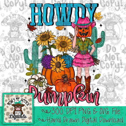 Howdy Pumpkin PNG Hand Drawn Pumpkin Cowgirl Sunflower Sublimation File Fall Leaves Doodle Art Preppy Western Autumn Theme Shirt Design DTF