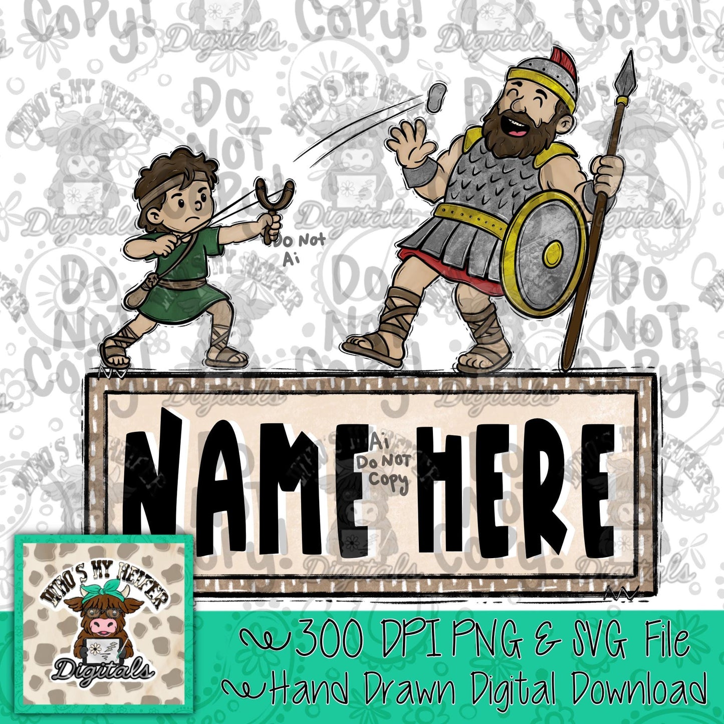 Kid Christian Name Block PNG Hand Drawn David and Goliath Sublimation File Trendy Kid Bible Verse Shirt Design Spiritual Doodle Digital DTF