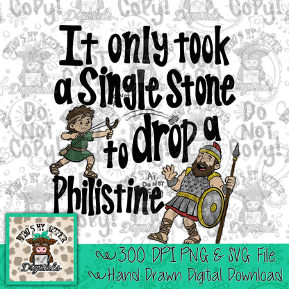 Whimsy David and Goliath PNG Hand Drawn David Slingshot and Rock Sublimation Kid Christian Bible Story Theme Shirt Design Giant Slayer DTF