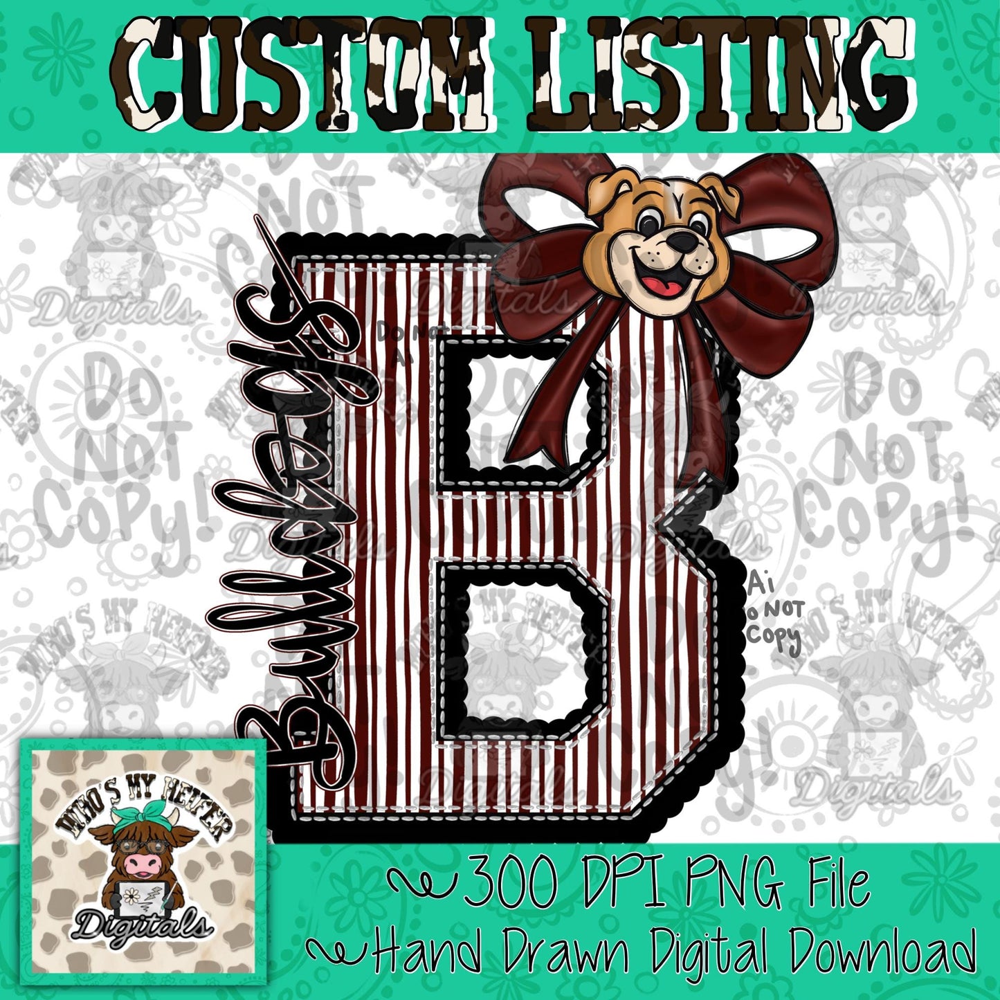 Custom Mascot Varsity Letter Bow PNG Hand Drawn Mascot Scallop Seeksucker Letter Sublimation File School Spirit Idea Game Day Shirt Digital