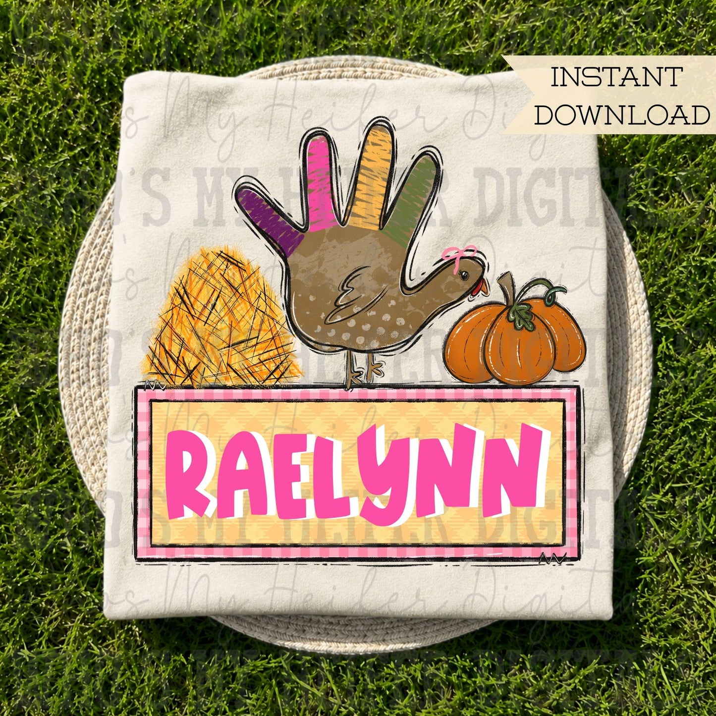 Whimsical Hand Turkey with Name Block Sublimation File Hand Drawn Turkey Pink Bow & Pumpkin PNG Girl Thanksgiving Shirt Design Fall Digital