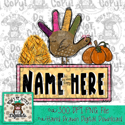 Whimsical Hand Turkey with Name Block Sublimation File Hand Drawn Turkey Pink Bow & Pumpkin PNG Girl Thanksgiving Shirt Design Fall Digital