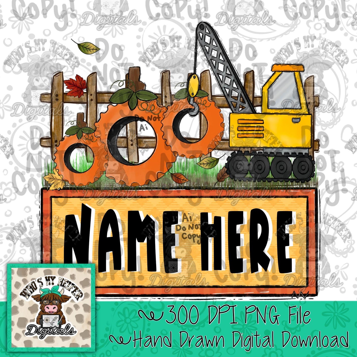 Fall Crane with Name Block Sublimation File Hand Drawn Construction Truck & Pumpkin Tire PNG Boy Thanksgiving Shirt Design Fall Doodle Art