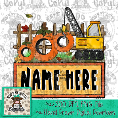 Fall Crane with Name Block Sublimation File Hand Drawn Construction Truck & Pumpkin Tire PNG Boy Thanksgiving Shirt Design Fall Doodle Art