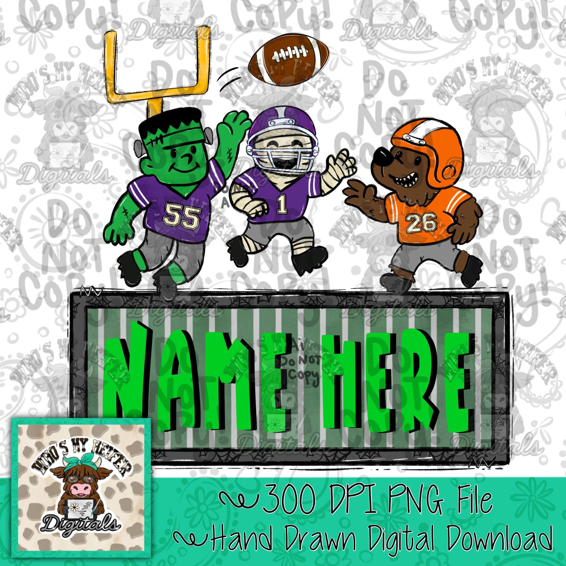 Halloween Football with Name Block PNG Hand Drawn Spooky Mummy Monster Werewolf Sublimation File Boy Halloween Doodle Patch Shirt Design