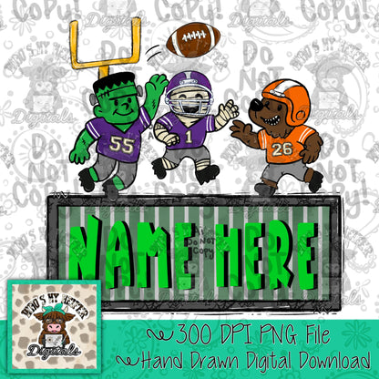 Halloween Football with Name Block PNG Hand Drawn Spooky Mummy Monster Werewolf Sublimation File Boy Halloween Doodle Patch Shirt Design