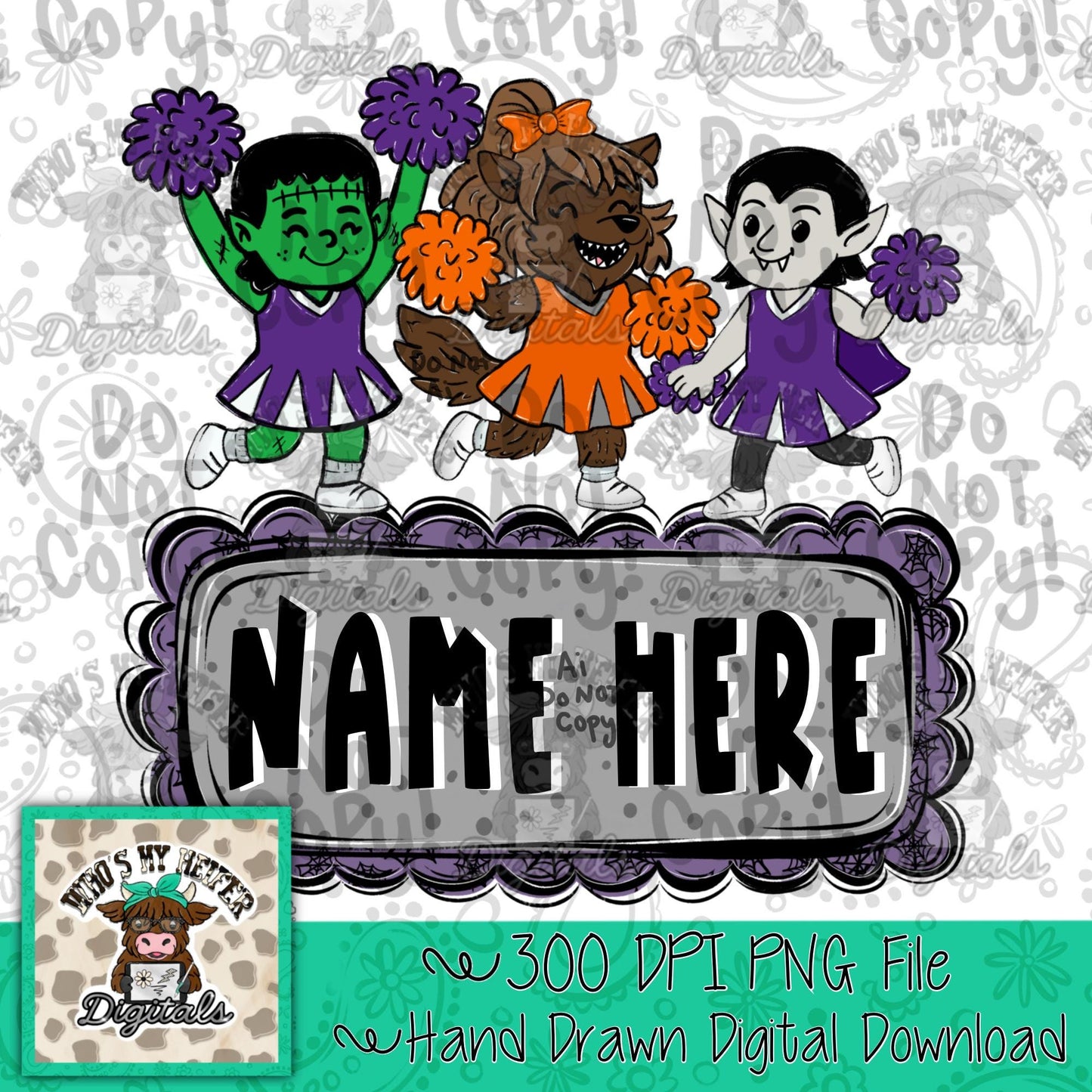 Halloween Cheerleader Name Block PNG Hand Drawn Spooky Monster Vampire Werewolf Sublimation File Girl Halloween Doodle Patch Shirt Design
