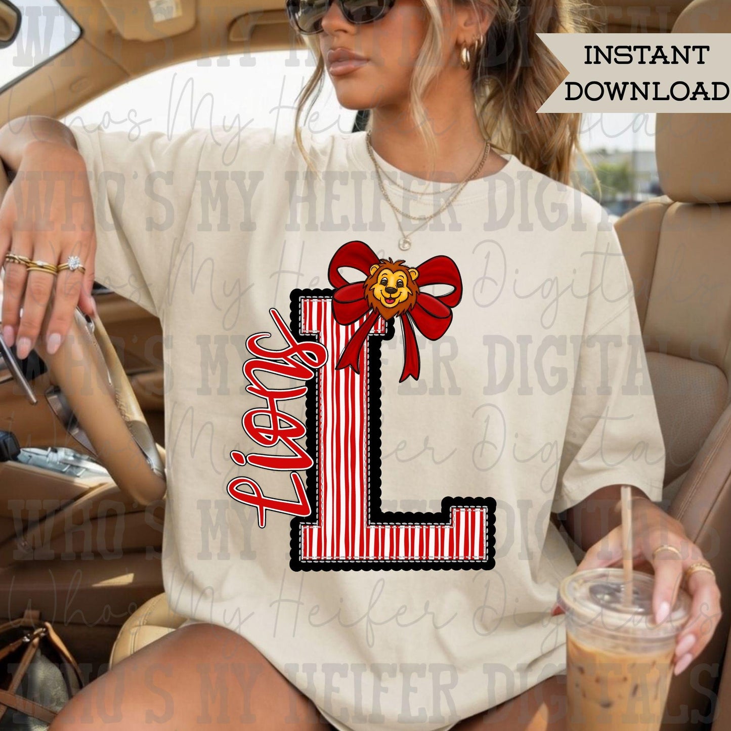 Lion Varsity Letter Bow PNG Hand Drawn Lions Scallop Seeksucker Letter Sublimation File Stripe School Spirit Idea Game Day Shirt Design