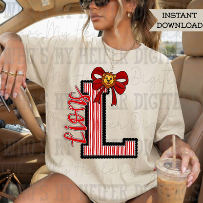 Lion Varsity Letter Bow PNG Hand Drawn Lions Scallop Seeksucker Letter Sublimation File Stripe School Spirit Idea Game Day Shirt Design