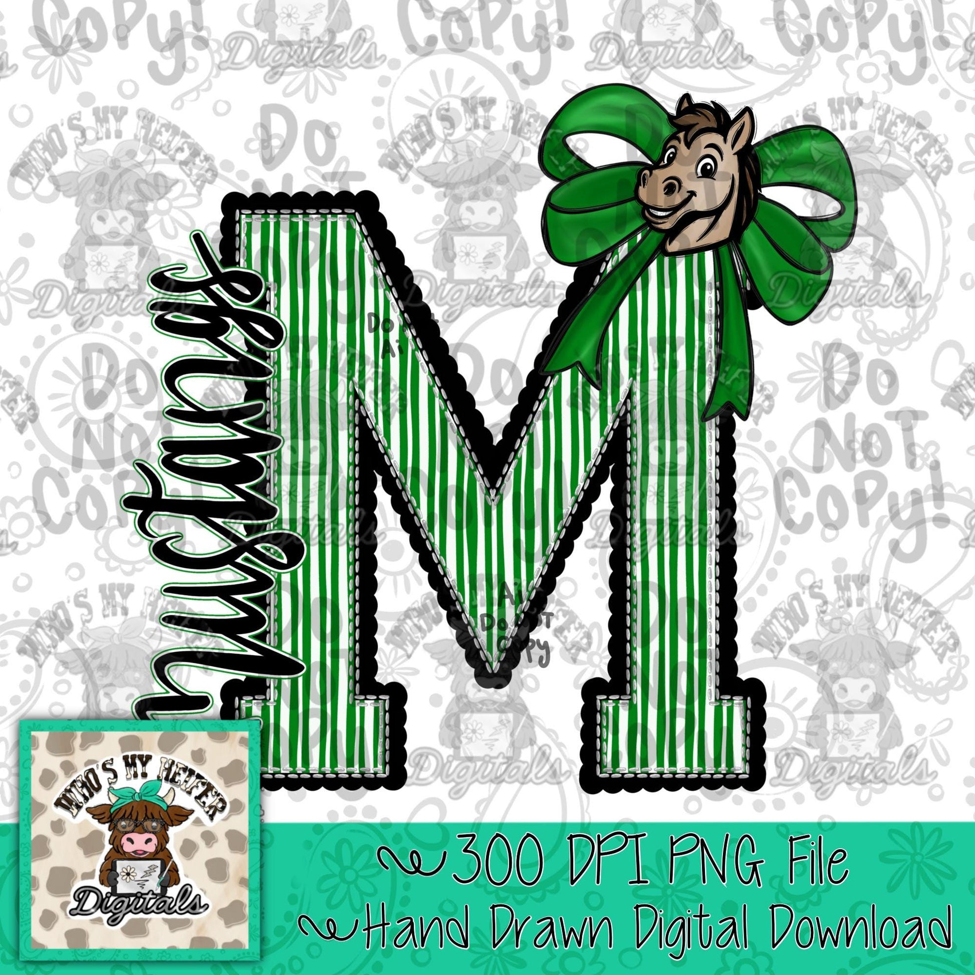 Mustang Varsity Letter Bow PNG Hand Drawn Horse Scallop Seeksucker Letter Sublimation File Stripe School Spirit Idea Game Day Shirt Design