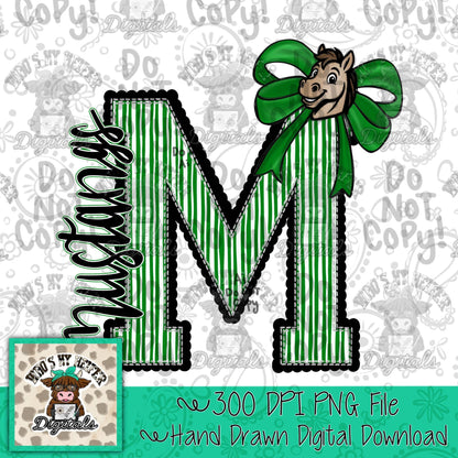 Mustang Varsity Letter Bow PNG Hand Drawn Horse Scallop Seeksucker Letter Sublimation File Stripe School Spirit Idea Game Day Shirt Design