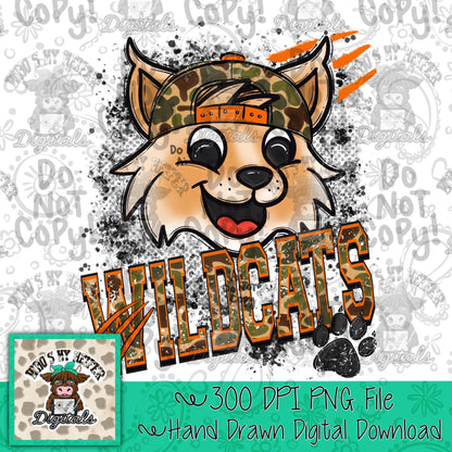 Camo Wildcats PNG Hand Drawn Wildcat with Hat Sublimation File Trendy Game Day Shirt Design School Spirit Retro Camouflage Wildcat Doodle
