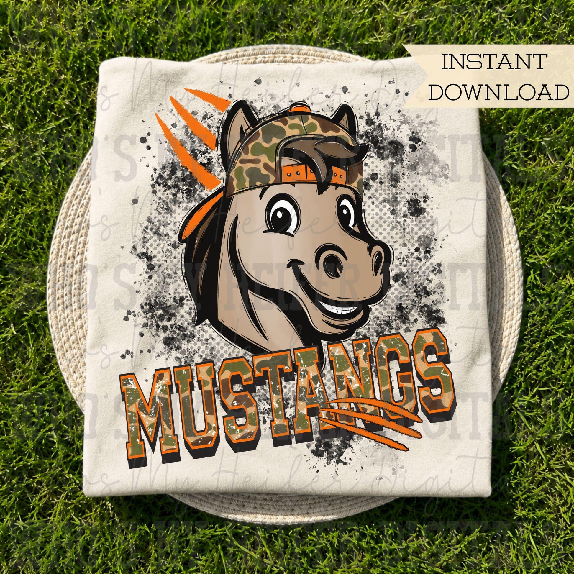 Retro Camo Mustangs PNG Hand Drawn Distressed Mustang with Camouflage Hat Sublimation File Trendy Game Day Shirt Design School Spirit Mascot