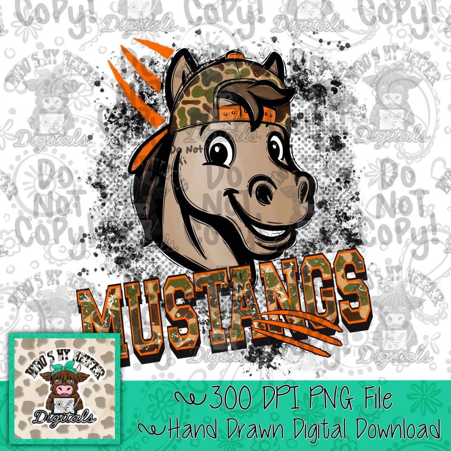 Retro Camo Mustangs PNG Hand Drawn Distressed Mustang with Camouflage Hat Sublimation File Trendy Game Day Shirt Design School Spirit Mascot