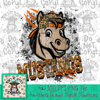Retro Camo Mustangs PNG Hand Drawn Distressed Mustang with Camouflage Hat Sublimation File Trendy Game Day Shirt Design School Spirit Mascot