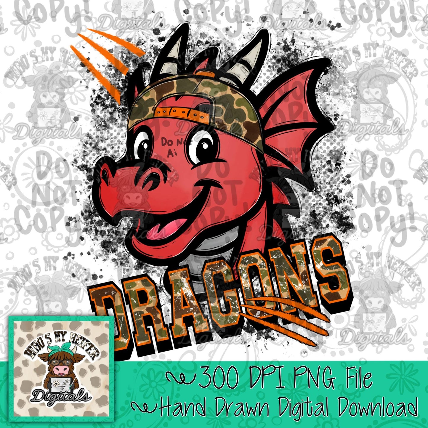 Retro Camo Red Dragon PNG Hand Drawn Distressed Dragon with Camouflage Hat Sublimation File Trendy Game Day Shirt Design School Spirit DTF