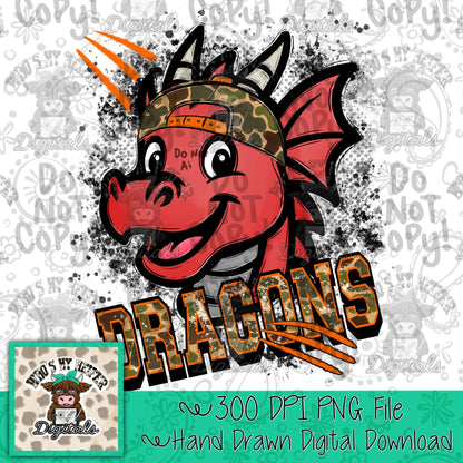 Retro Camo Red Dragon PNG Hand Drawn Distressed Dragon with Camouflage Hat Sublimation File Trendy Game Day Shirt Design School Spirit DTF