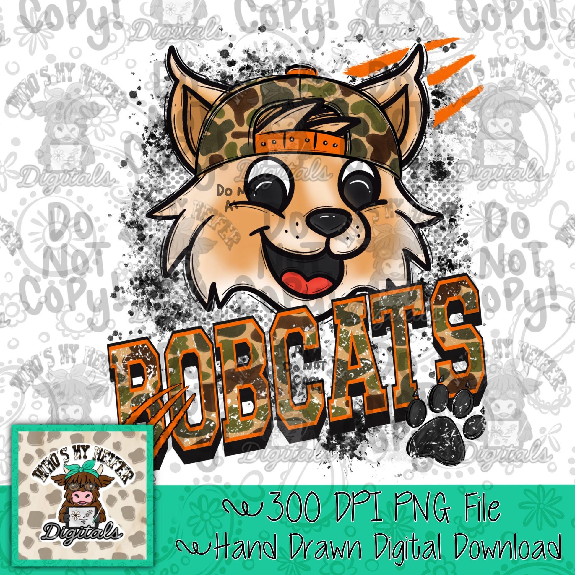 Retro Camo Bobcats PNG Hand Drawn Distressed Bobcat with Camouflage Hat Sublimation File Trendy Game Day Shirt Design School Spirit DTF