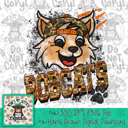 Retro Camo Bobcats PNG Hand Drawn Distressed Bobcat with Camouflage Hat Sublimation File Trendy Game Day Shirt Design School Spirit DTF