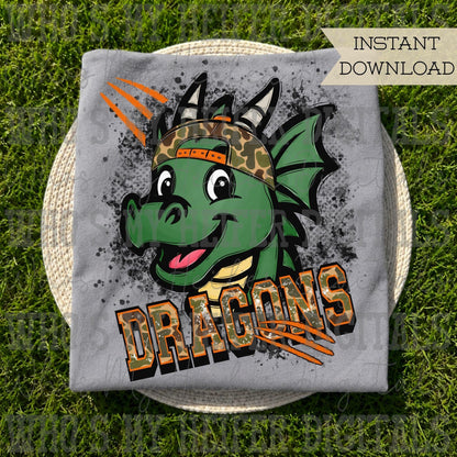 Retro Camo Dragons PNG Hand Drawn Distressed Dragon with Camouflage Hat Sublimation File Trendy Game Day Shirt Design School Spirit DTF