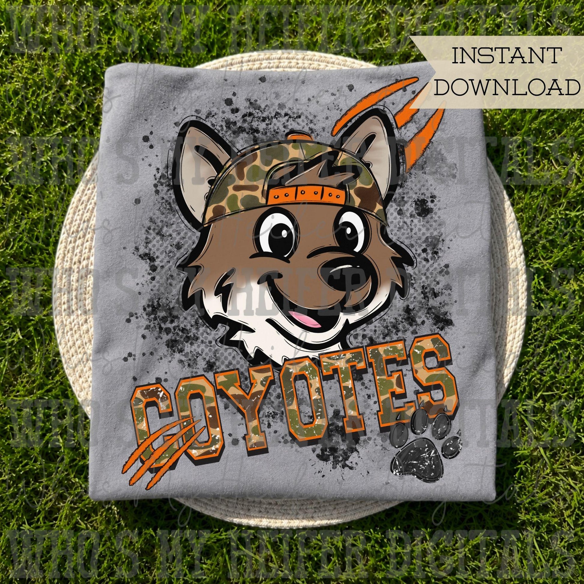 Retro Camo Coyotes PNG Hand Drawn Distressed Coyote with Camouflage Hat Sublimation File Trendy Game Day Shirt Design School Spirit Mascot
