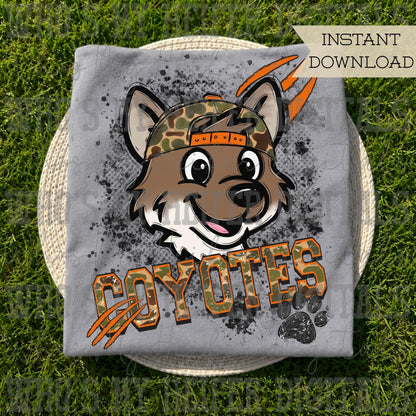 Retro Camo Coyotes PNG Hand Drawn Distressed Coyote with Camouflage Hat Sublimation File Trendy Game Day Shirt Design School Spirit Mascot