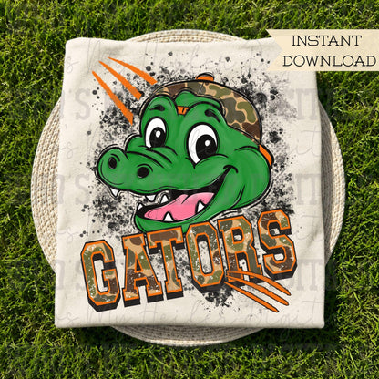 Retro Camo Gators PNG Hand Drawn Distressed Gator with Camouflage Hat Sublimation File Trendy Game Day Shirt Design School Spirit Mascot DTF