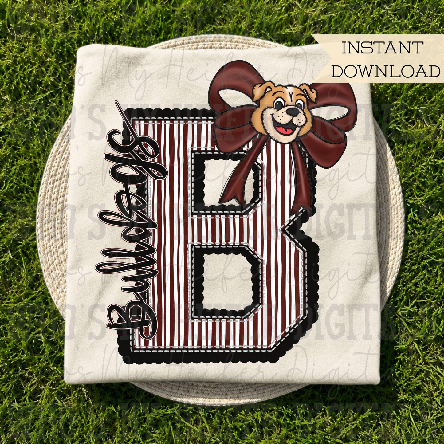 Bulldog Varsity Letter Bow PNG Hand Drawn Mascot Scallop Seeksucker Letter Sublimation File Stripe School Spirit Idea Game Day Shirt Design