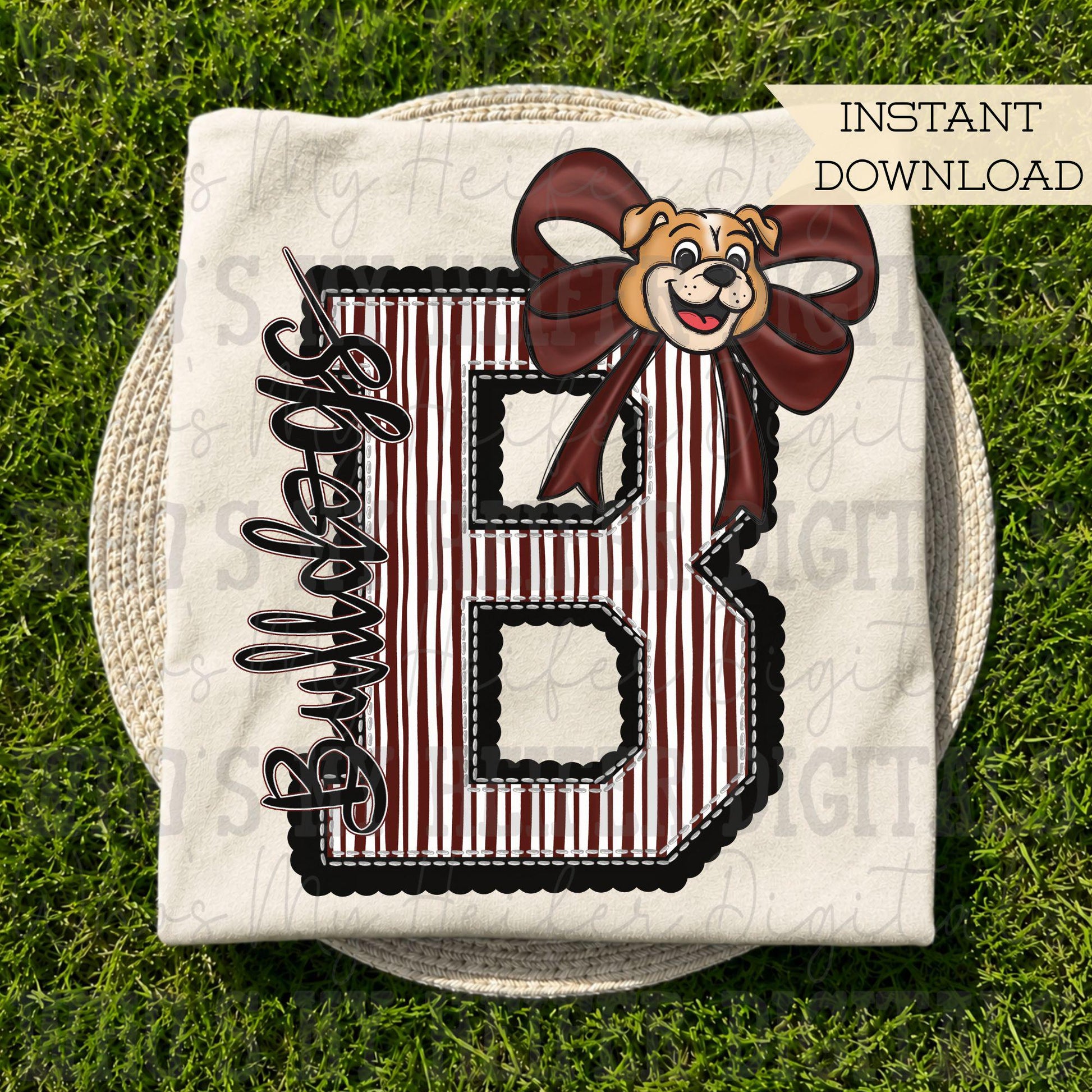 Bulldog Varsity Letter Bow PNG Hand Drawn Mascot Scallop Seeksucker Letter Sublimation File Stripe School Spirit Idea Game Day Shirt Design
