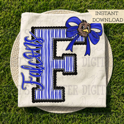 Falcon Varsity Letter Bow PNG Hand Drawn Falcons Scallop Seeksucker Letter Sublimation File Stripe School Spirit Idea Game Day Shirt Design