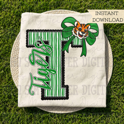 Tiger Varsity Letter Bow PNG Hand Drawn Tigers Scallop Seeksucker Letter Sublimation File Stripe School Spirit Idea Game Day Shirt Design