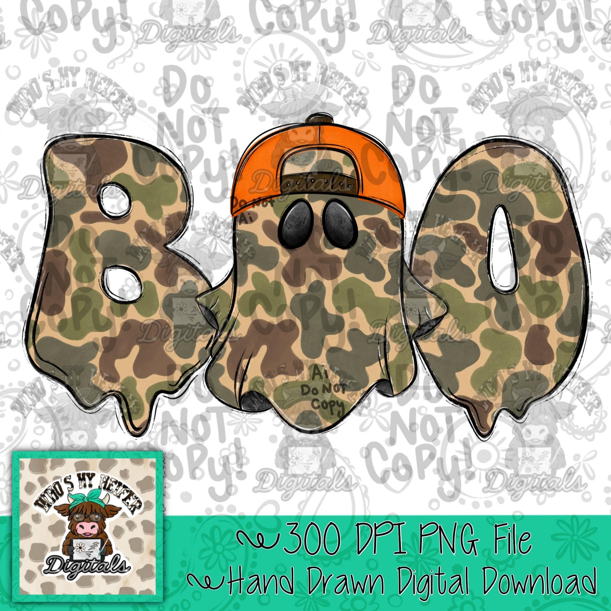 Camo Boo PNG Hand Drawn Camouflage Ghost with Orange   Hat Sublimation File Boy Halloween Shirt Design DTF Spooky  Digital Download