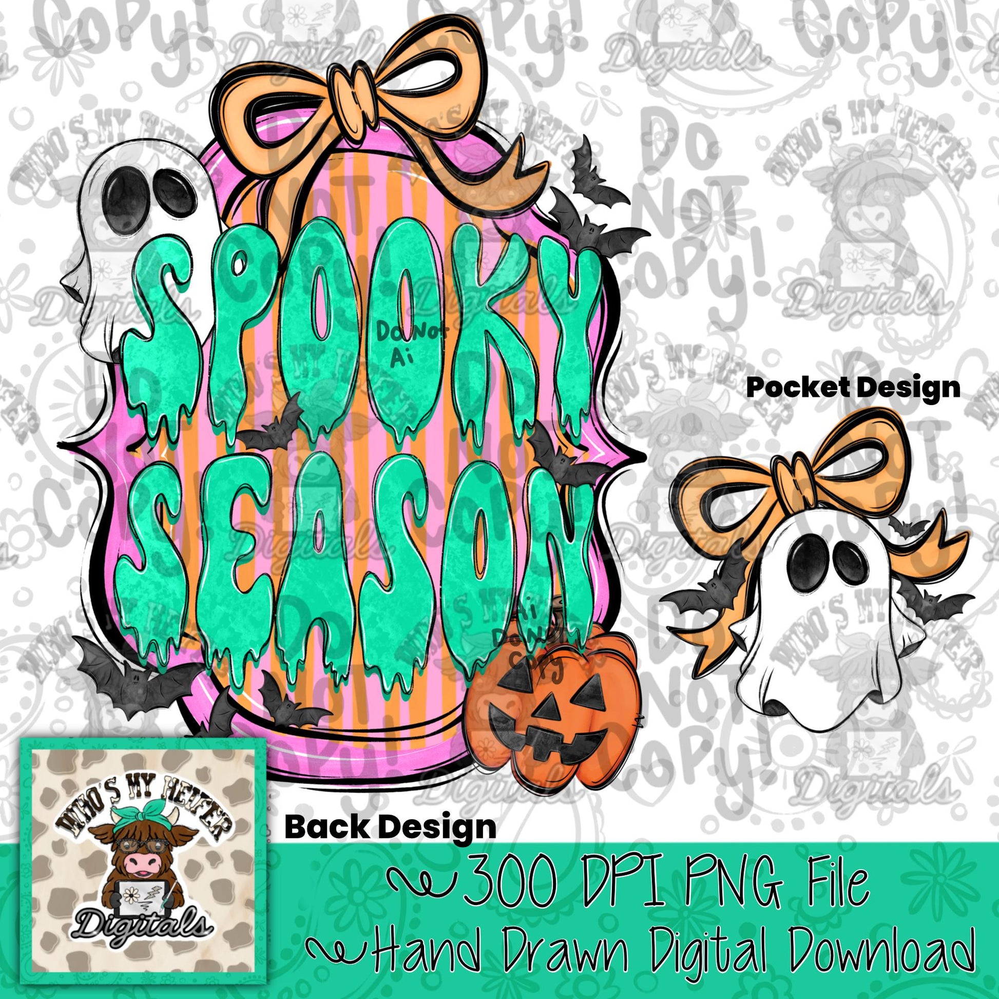 Whimsical Spooky PNG Hand Drawn Spooky Season with Bow and Bat Sublimation File Halloween Theme Front and Back Shirt Design Ghost Doodle Art