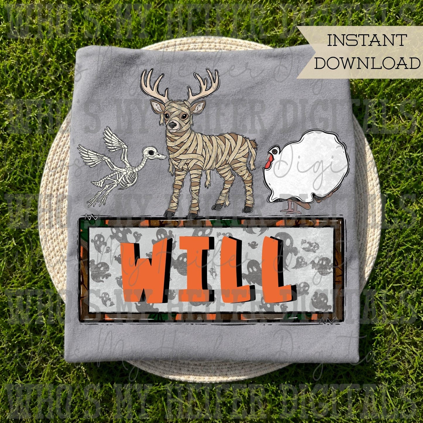 Halloween Hunting Animals Trio name block Sublimation PNG Hand Drawn Mallard Duck Deer Turkey PNG File Kid Halloween Shirt Design Duck Skeleton Mummy