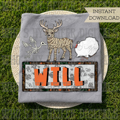 Halloween Hunting Animals Trio name block Sublimation PNG Hand Drawn Mallard Duck Deer Turkey PNG File Kid Halloween Shirt Design Duck Skeleton Mummy