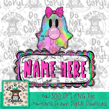 Girly Retro Ghost Name Block PNG Hand Drawn Ghost Pink Bow and Bubble Gum Sublimation File Trendy Neon Stripe Halloween Doodle Shirt Design