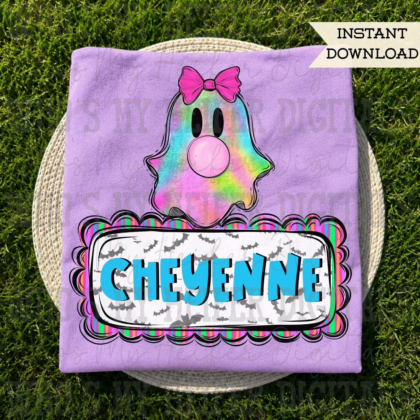 Girly Retro Ghost Name Block PNG Hand Drawn Ghost Pink Bow and Bubble Gum Sublimation File Trendy Neon Stripe Halloween Doodle Shirt Design