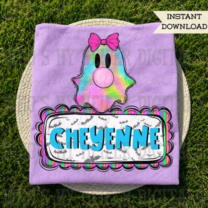 Girly Retro Ghost Name Block PNG Hand Drawn Ghost Pink Bow and Bubble Gum Sublimation File Trendy Neon Stripe Halloween Doodle Shirt Design