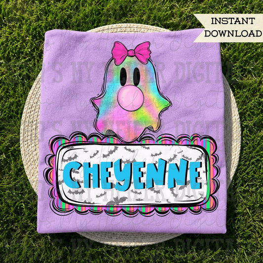 Girly Retro Ghost Name Block PNG Hand Drawn Ghost Pink Bow and Bubble Gum Sublimation File Trendy Neon Stripe Halloween Doodle Shirt Design