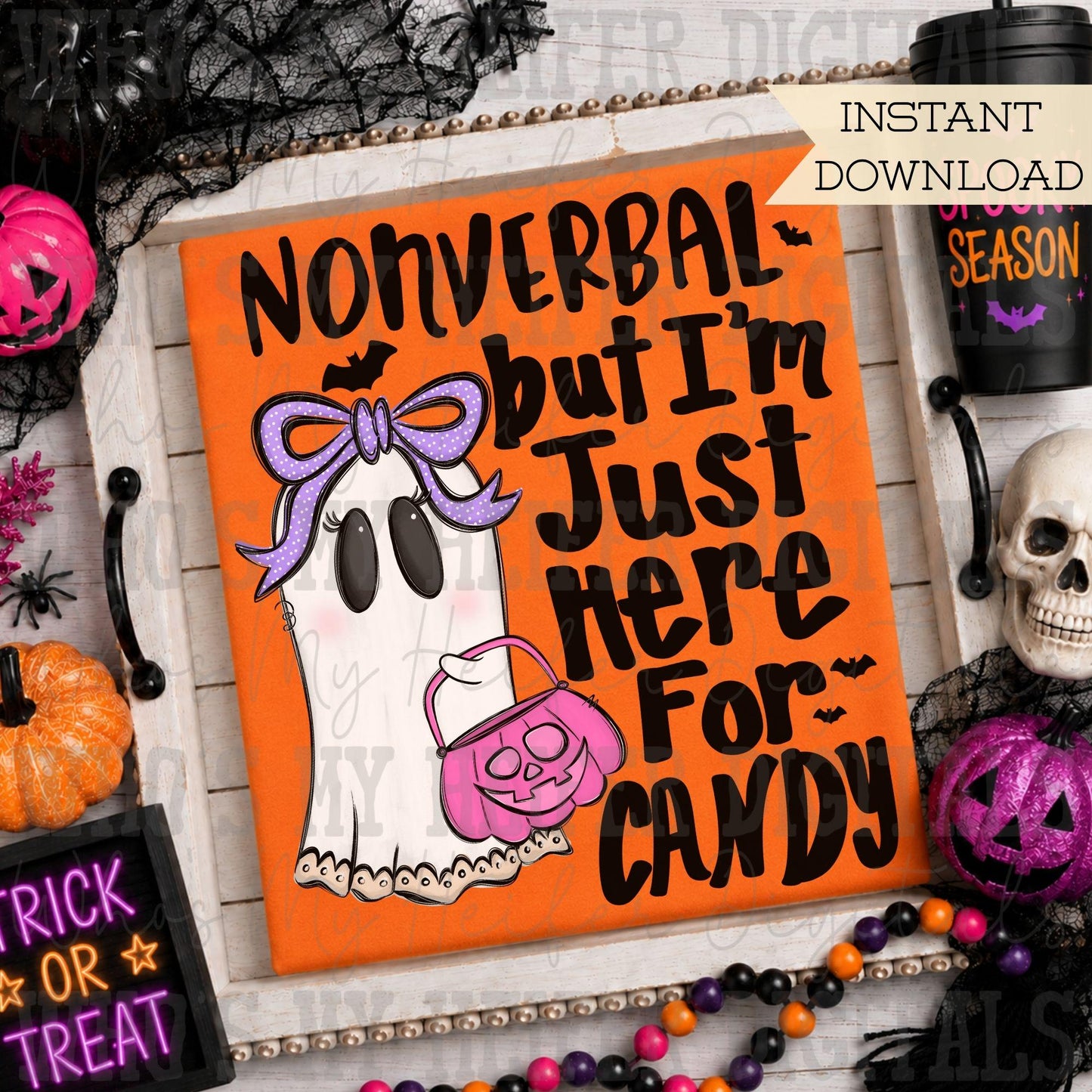 Whimsical Halloween Nonverbal Girl PNG Hand Drawn Ghost with Bow PNG Trick or Treat Autism Sublimation File Non Speaking Halloween Digital