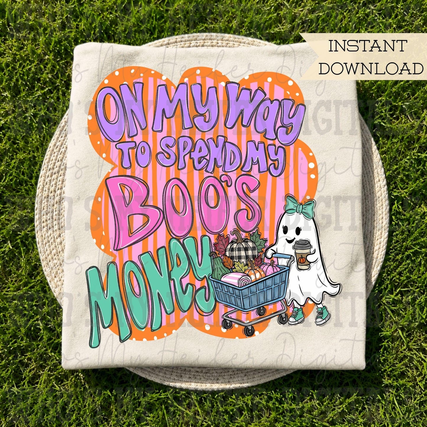On My Way to Spend My Boo's Money PNG Hand Drawn Retro Ghost Shopping Sublimation File Funny Halloween Shopping Pumpkin Coffee Shirt Design