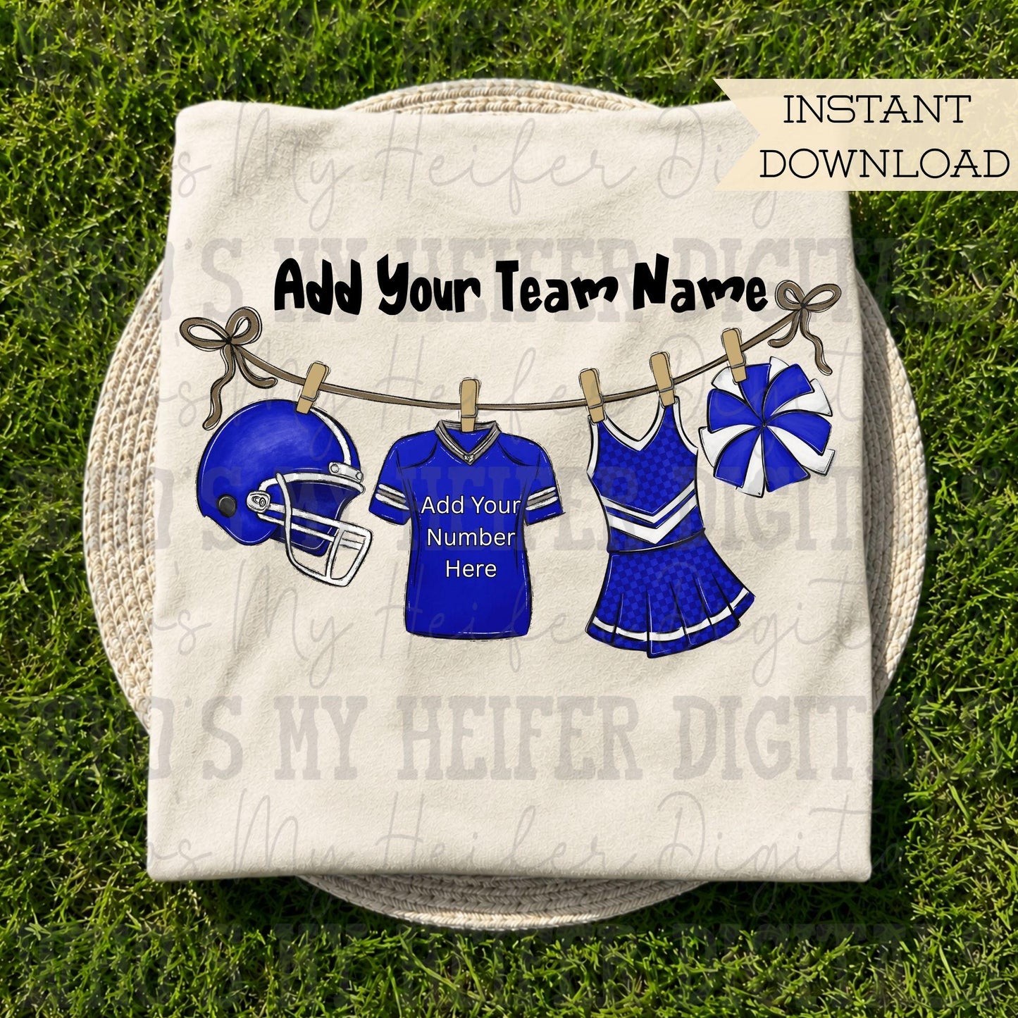 Blue Clothesline Football & Cheer PNG Hand Drawn Football Jersey Cheerleader Uniform Sublimation File Customizable Game Day Shirt Design