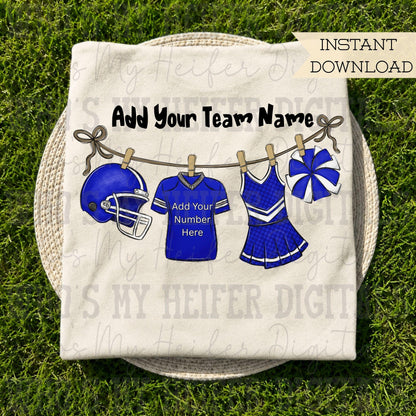 Blue Clothesline Football & Cheer PNG Hand Drawn Football Jersey Cheerleader Uniform Sublimation File Customizable Game Day Shirt Design