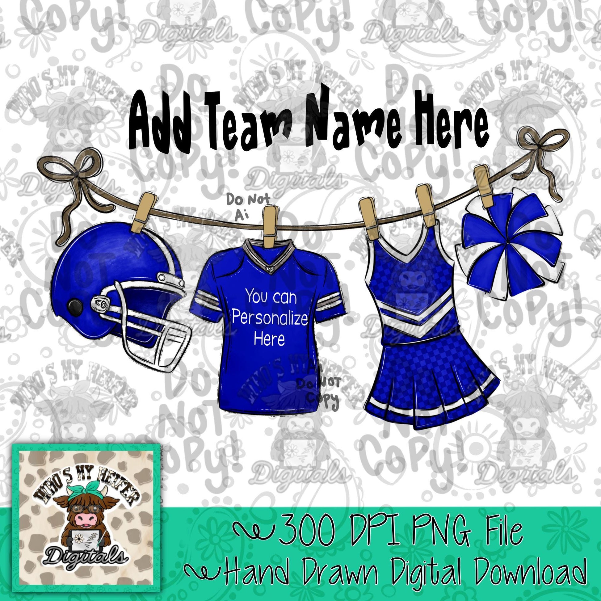 Blue Clothesline Football & Cheer PNG Hand Drawn Football Jersey Cheerleader Uniform Sublimation File Customizable Game Day Shirt Design
