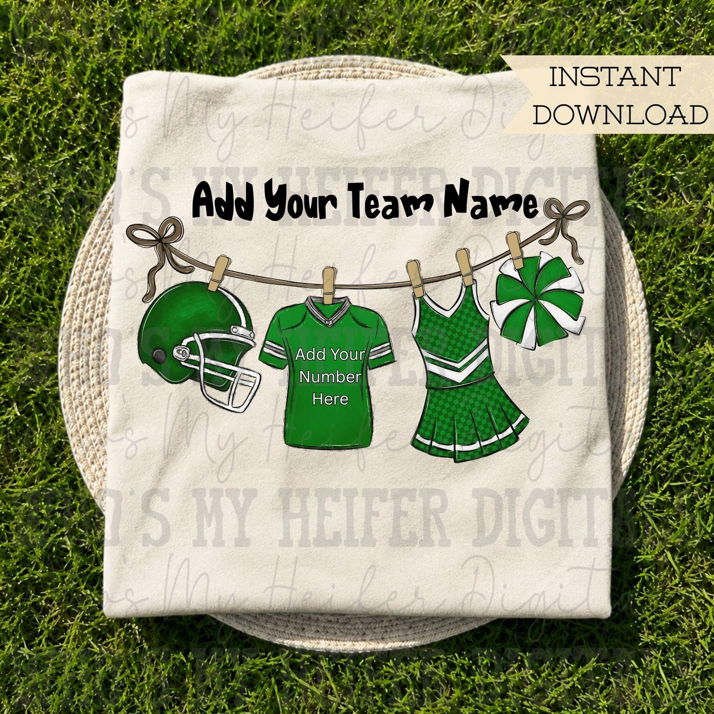 Green Clothesline Football & Cheer PNG Hand Drawn Football Jersey Cheerleader Uniform Sublimation File Customizable Game Day Shirt Design