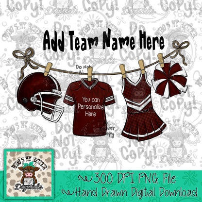 Maroon Clothesline Football & Cheer PNG Hand Drawn Football Jersey Cheerleader Uniform Sublimation File Customizable Game Day Shirt Design