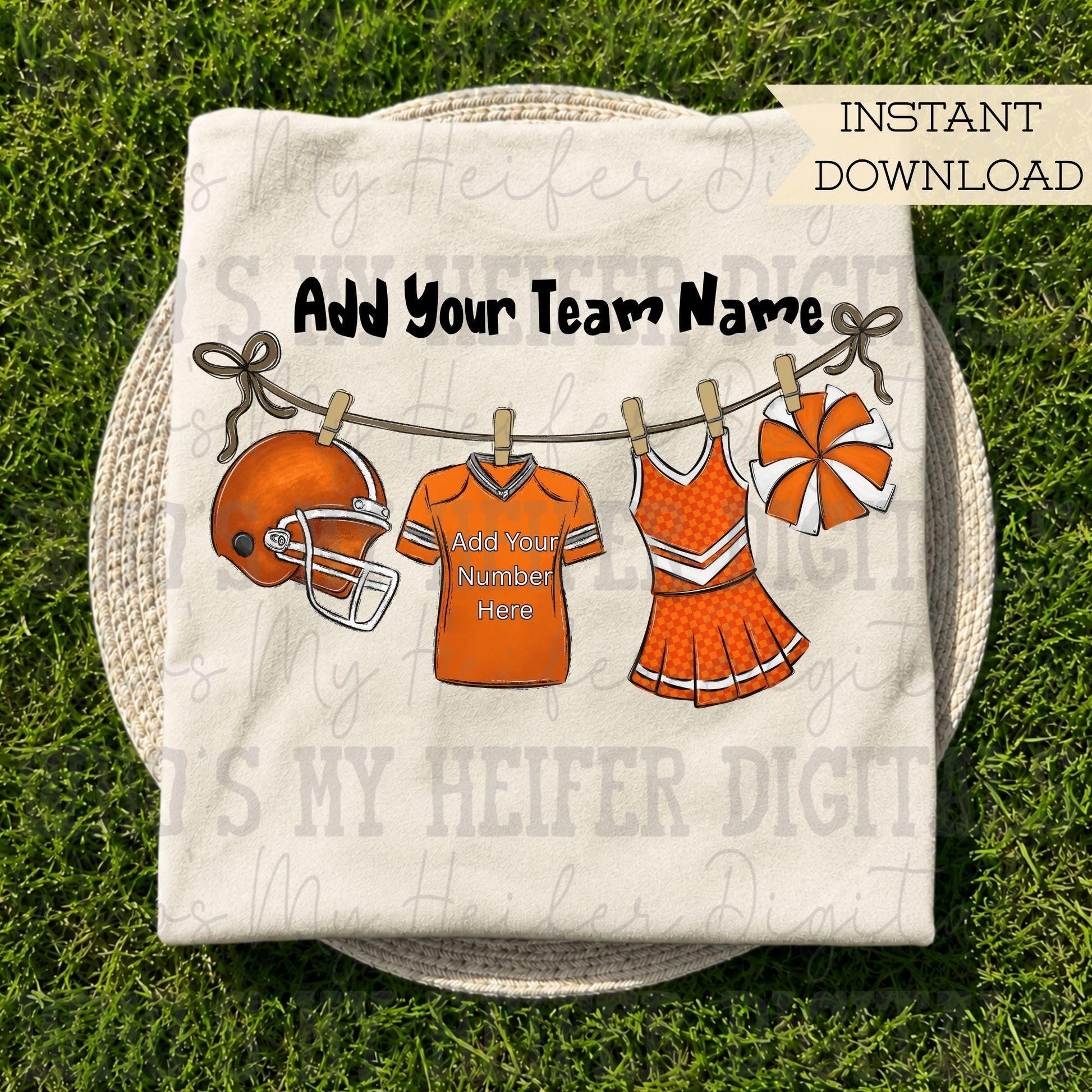 Orange Clothesline Football & Cheer PNG Hand Drawn Football Jersey Cheerleader Uniform Sublimation File Customizable Game Day Shirt Design