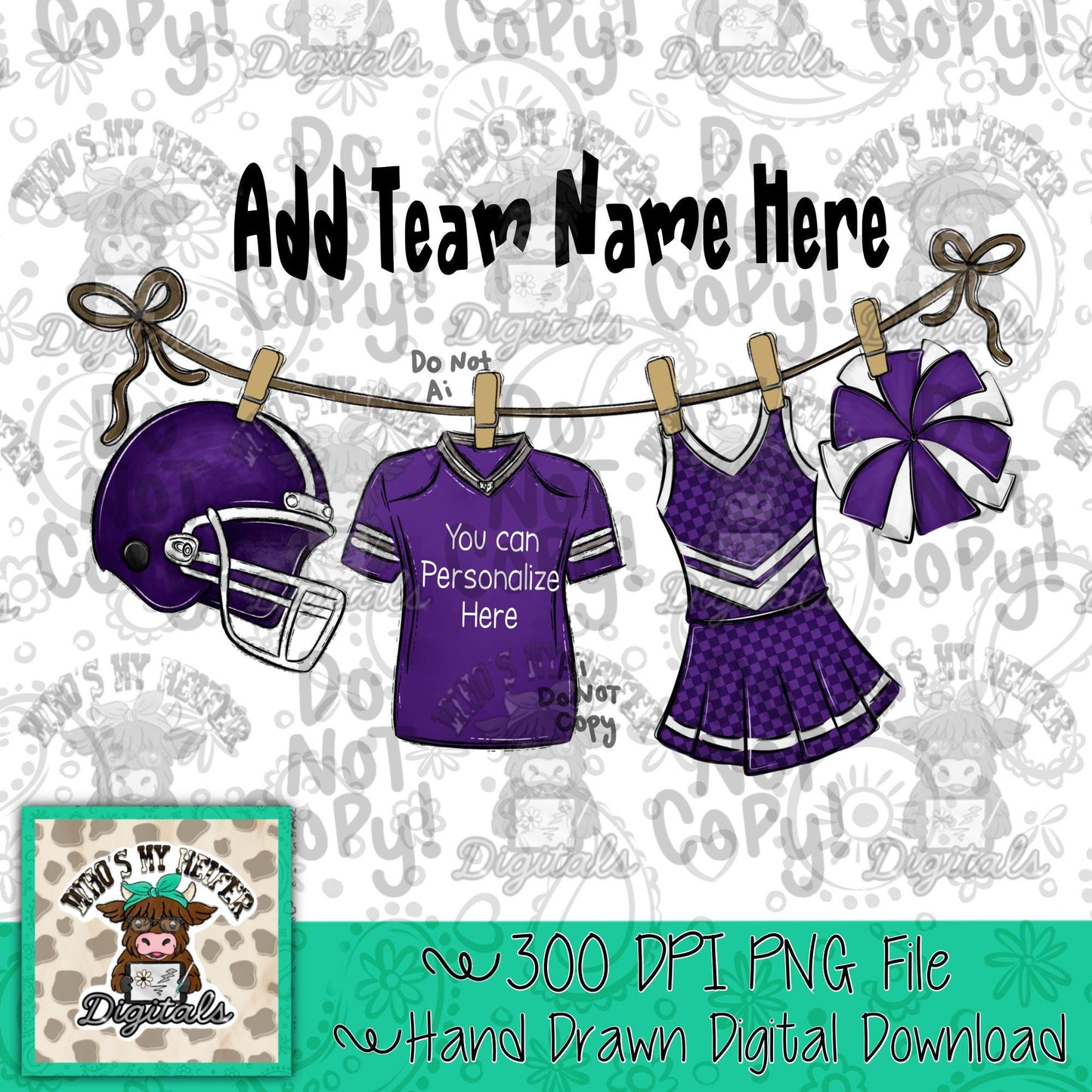 Purple Clothesline Football & Cheer PNG Hand Drawn Football Jersey Cheerleader Uniform Sublimation File Customizable Game Day Shirt Design
